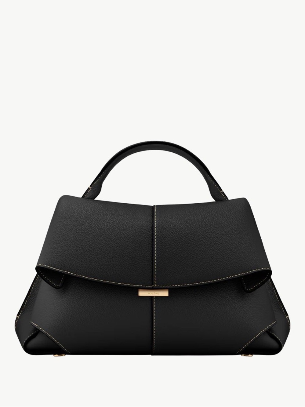Polène Mokki Bag Black Leather Structured Satchel with Gold Accent